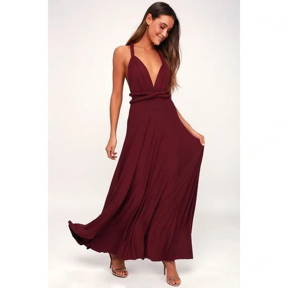 tricks of the trade burgundy maxi dress Crisanto Tie Up Ruched Maxi Dress | Burgundy | Womens
